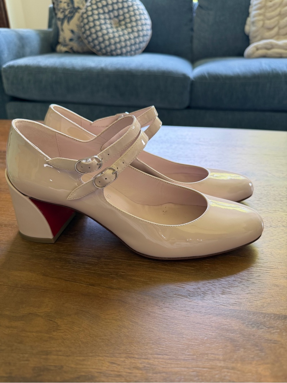 Christian Louboutin Blush Patent Mary Jane Heels with Signature Red Sole